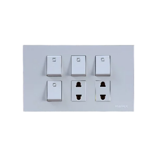 A modern white wall-mounted electrical outlet panel featuring six switches and four outlets, branded with the MATRIX logo in the bottom right corner.