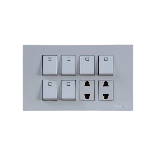 A modern wall-mounted electrical socket panel featuring six white rocker switches and four two-pin and three-three power outlets on a matching light gray rectangular backplate. The brand name 'MATRIX' is subtly printed in the bottom right corner of the plate.