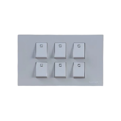A 6-gang modular modular RJ45 wall switch panel by Matrix, featuring a clean light gray faceplate with six individual square switches arranged in two rows of three, shown against a solid white background.