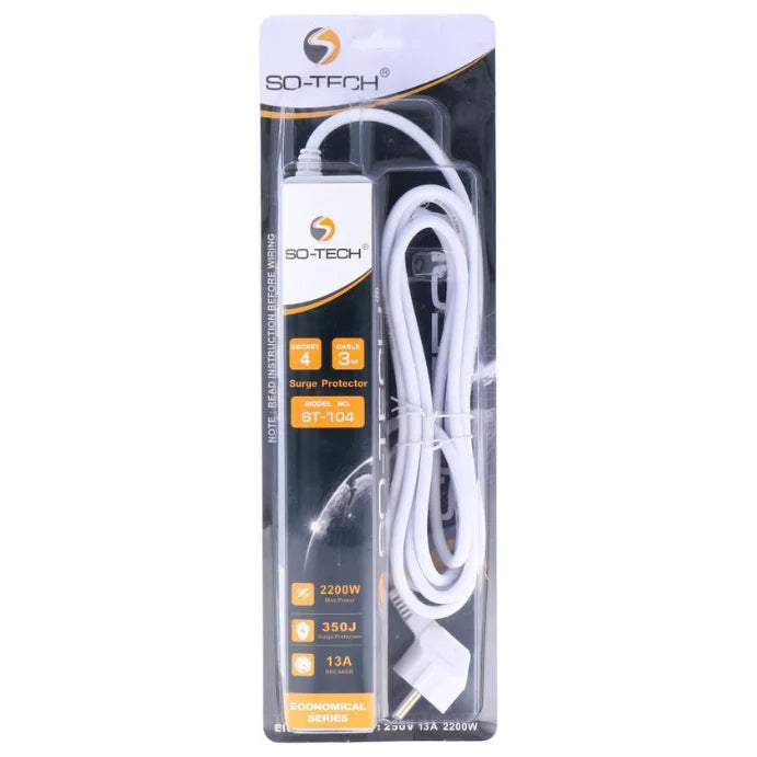 SO-TECH BT-10A 4-in-1 Surge Protector in its original retail blister packaging, featuring a white cord and protector unit with orange and black branding.