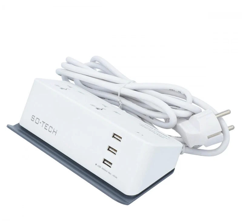 White power strip with multiple outlets and a cable on a white background