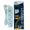 SO-TECH surge protector power strip set with a white multi-outlet power cord and its retail packaging on a plain white background.