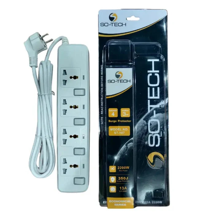 SO-TECH surge protector power strip set with a white multi-outlet power cord and its retail packaging on a plain white background.