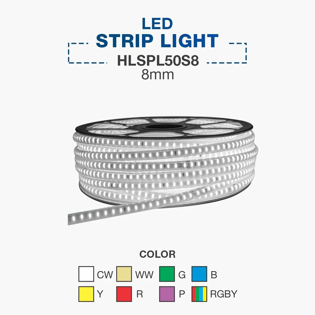 A spool of white LED strip light labeled 'LED STRIP LIGHT HLSPL50S8 8mm' on a light gray background, with a color legend below showing CW, WW, G, B, Y, R, P, and RGBY.