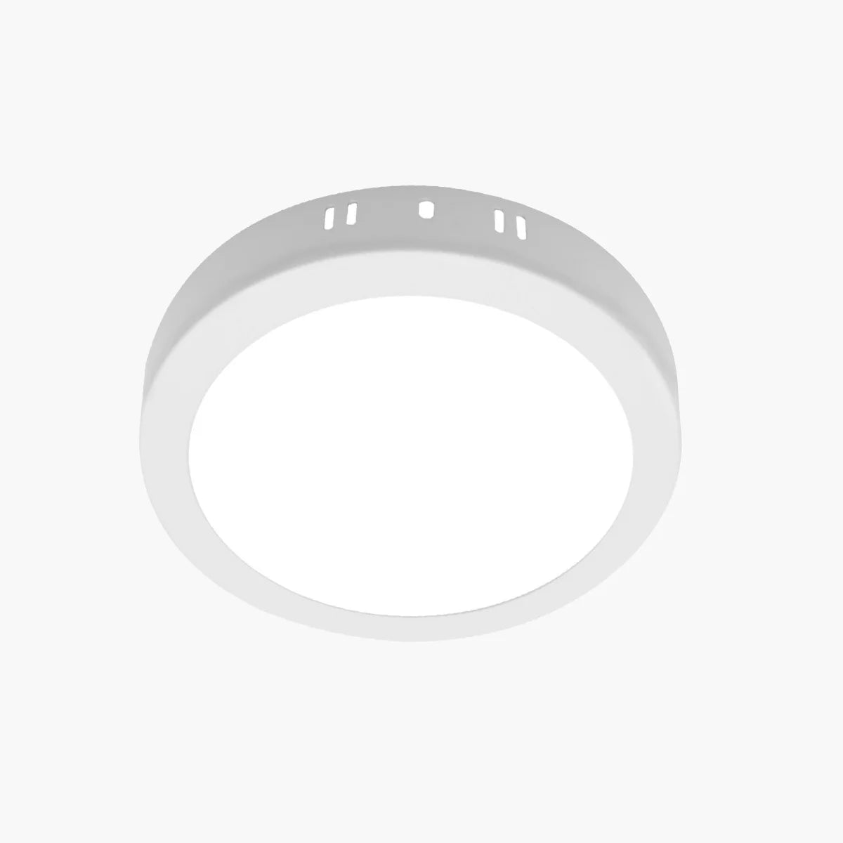 A minimalist, modern flush-mount ceiling light fixture with a circular white diffuser and a matching white outer ring, featuring small ventilation slots on the top band, shown against a solid white background.