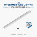 An 18W LED integrated tube light T8, model HL8TB18N2H, shown diagonally on a light gray background with product specifications, a 2-year warranty badge, and a color temperature indicator of 6500K.