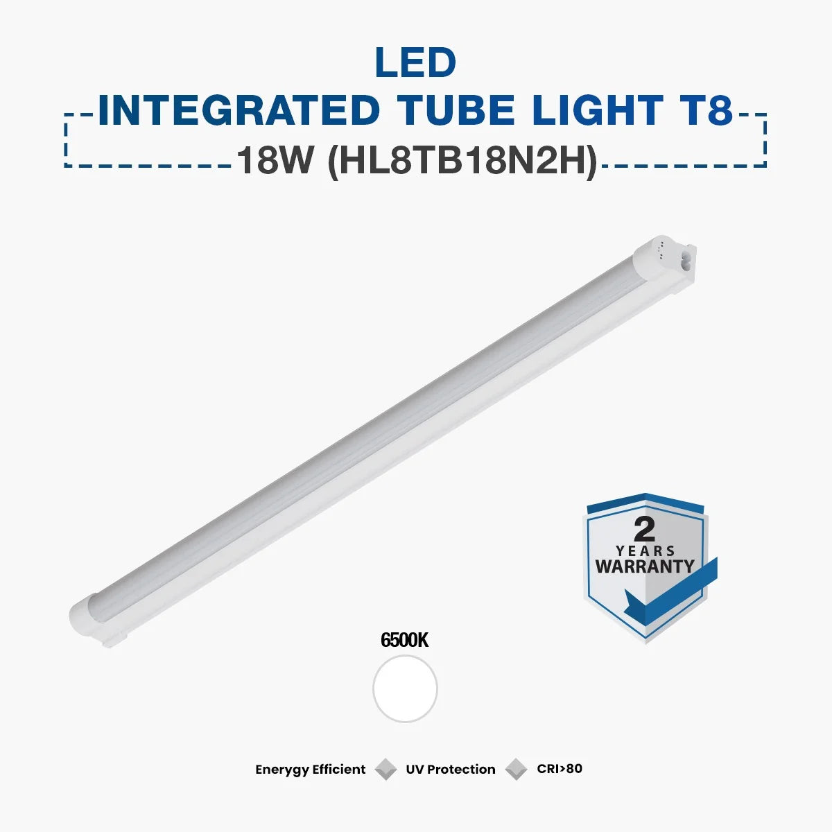 An 18W LED integrated tube light T8, model HL8TB18N2H, shown diagonally on a light gray background with product specifications, a 2-year warranty badge, and a color temperature indicator of 6500K.