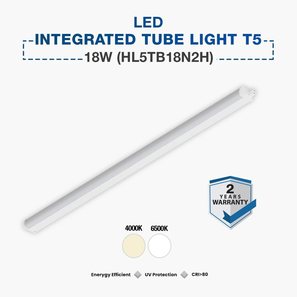 An 18W LED integrated tube light T5 (model HL5TB18N2H) shown diagonally on a light gray background, featuring text specifications, color temperature options (4000K and 6500K), and a 2-year warranty badge.
