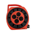 A red and black Camilion retractable extension reel with multiple power outlets, a carrying handle, and a power cord, shown on a plain white background.