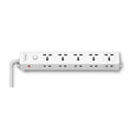 A white multi-outlet power strip with multiple international-style electrical outlets, a power switch, and a power cord, shown against a plain white background.