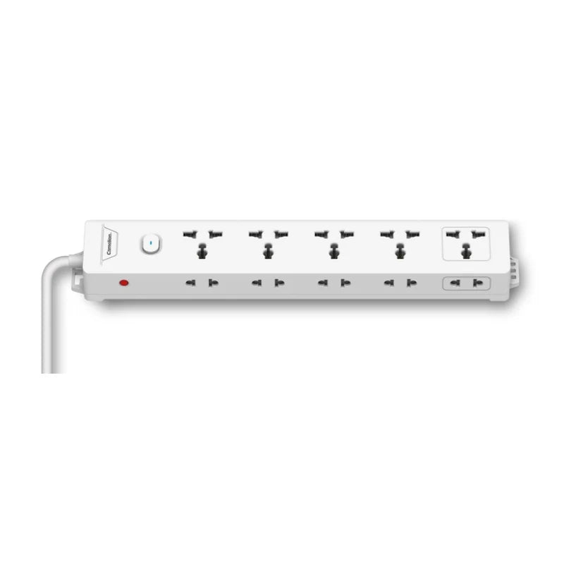 A white multi-outlet power strip with multiple international-style electrical outlets, a power switch, and a power cord, shown against a plain white background.