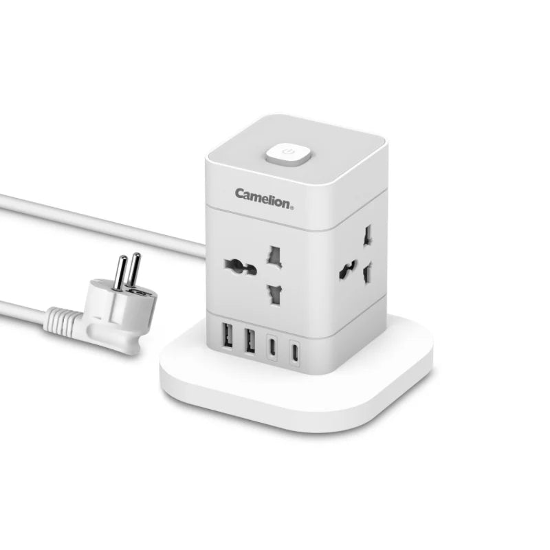 A white Camelion multi-port USB power adapter with a European plug, shown on a clean white background.