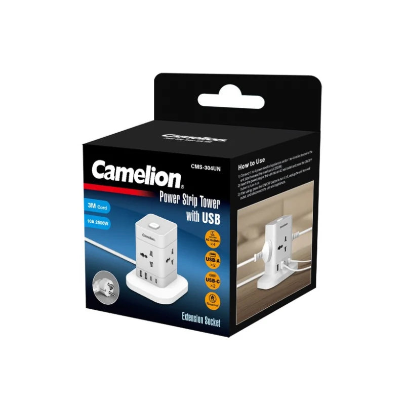 Camelion power strip tower with USB packaging on a white background