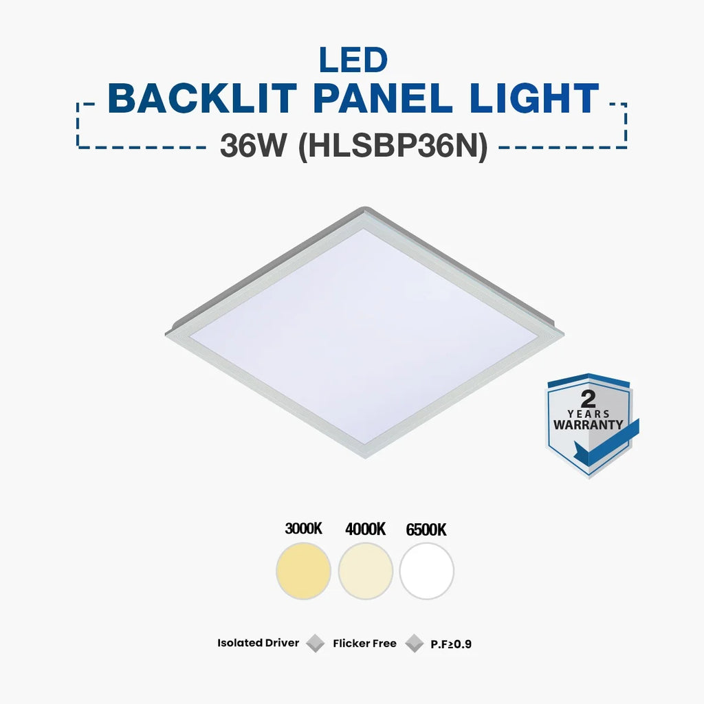 A 36W LED backlit panel light shown at an angle on a light gray background, with text reading 'LED BACKLIT PANEL LIGHT', '36W (HLSBP36N)', color temperature options 3000K, 4000K, and 6500K, and a '2 Years Warranty' badge.