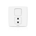 A white Philips wall switch panel featuring a single square toggle switch above a UK two-pin electrical outlet, shown on a clean white background with a subtle reflection below.Supplied by Chinoy Electric
