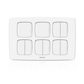 A white six-switch light switch panel with a minimalist design, featuring the PHILIPS brand name printed in the center, set against a clean white background with a subtle reflection.Supplied by Chinoy Electric