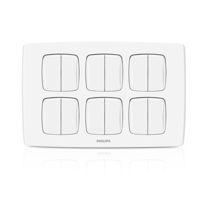 A white six-switch light switch plate with a minimalist design, featuring the PHILIPS brand name printed in the center, set against a clean white background with a subtle reflection.Supplied by Chinoy Electric