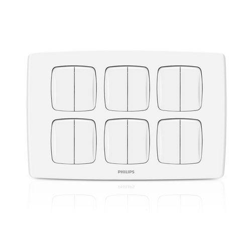 A white six-switch light switch plate with a minimalist design, featuring the PHILIPS brand name printed in the center, set against a clean white background with a subtle reflection.Supplied by Chinoy Electric