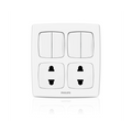 A white Philips four-switch wall switch plate with two double switches on top and two outlets on the bottom, shown on a clean white background with a subtle reflection.Supplied by Chinoy Electric