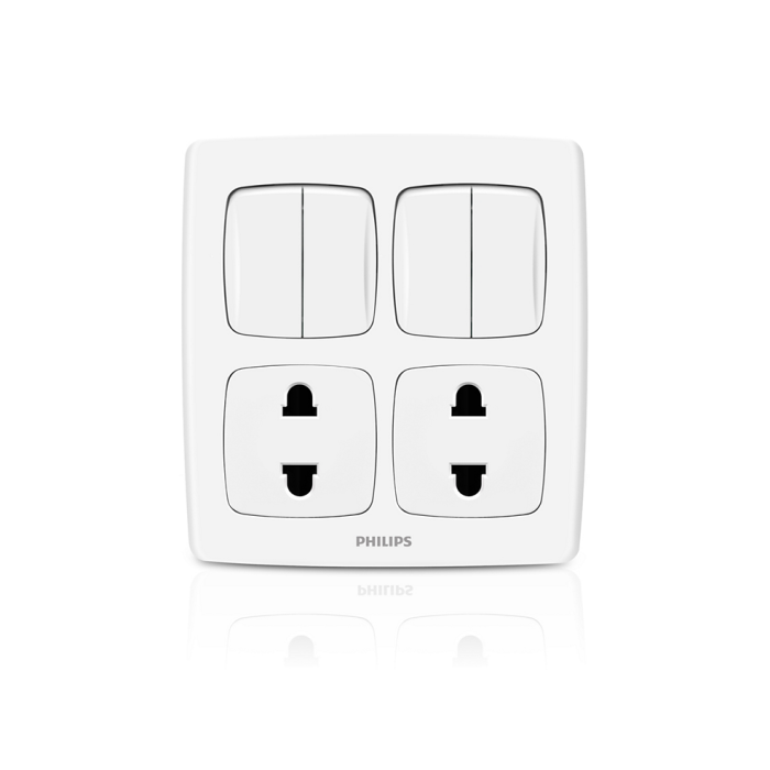 A white Philips four-switch wall switch plate with two double switches on top and two outlets on the bottom, shown on a clean white background with a subtle reflection.Supplied by Chinoy Electric