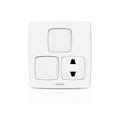 A white Philips two-gang switch panel with one standard single-pole switch and one UK two-pin wall outlet on a clean white background with a subtle reflection.Supplied by Chinoy Electric