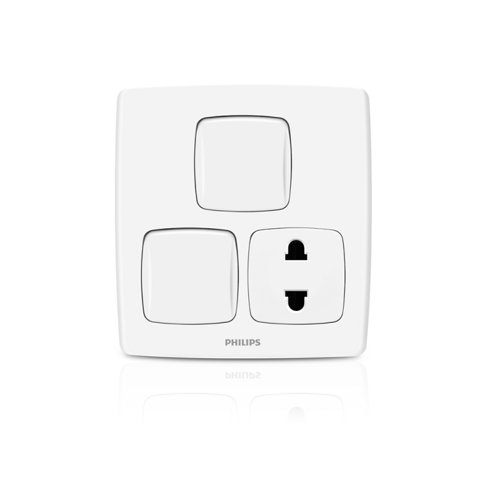 A white Philips two-gang switch panel with one standard single-pole switch and one UK two-pin wall outlet on a clean white background with a subtle reflection.Supplied by Chinoy Electric