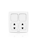 A white double switch wall outlet with two four-pin UK-style electrical sockets and two square switch buttons, shown on a clean white background with a faint reflection below.Supplied by Chinoy Electric