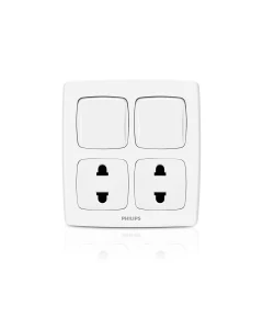 A white double switch wall outlet with two four-pin UK-style electrical sockets and two square switch buttons, shown on a clean white background with a faint reflection below.Supplied by Chinoy Electric