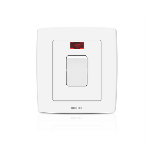 A white Philips light switch wall plate with a single rectangular toggle switch and a small red indicator light above it, shown on a clean white background with a faint reflection below.Supplied by Chinoy Electric