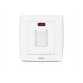 A white Philips light switch wall plate with a single rectangular toggle switch and a small red indicator light above it, shown on a clean white background with a faint reflection below.Supplied by Chinoy Electric