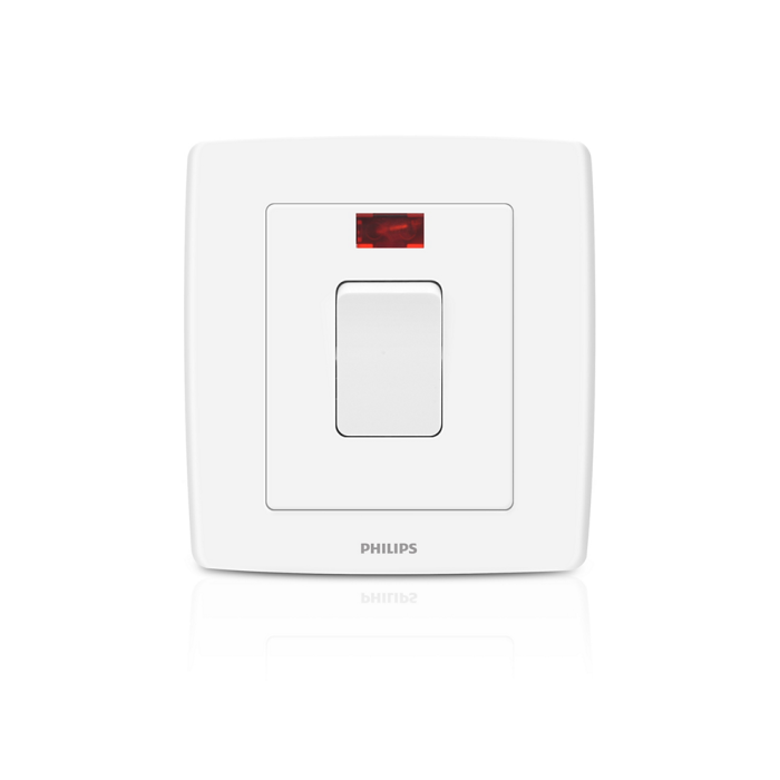 A white Philips light switch wall plate with a single rectangular toggle switch and a small red indicator light above it, shown on a clean white background with a faint reflection below.Supplied by Chinoy Electric
