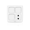 A white Philips four-switch wall switch panel with one socket outlet, shown on a clean white background with a subtle reflection below.Supplied by Chinoy Electric