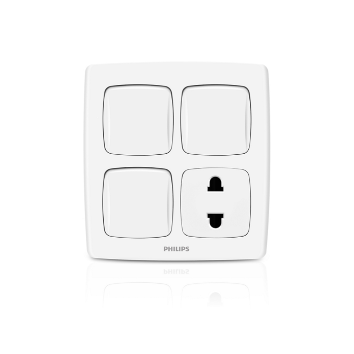 A white Philips four-switch wall switch panel with one socket outlet, shown on a clean white background with a subtle reflection below.Supplied by Chinoy Electric
