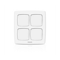 A white four-button wall switch plate with the PHILIPS logo printed at the bottom center, shown on a clean white background with a subtle reflection.Supplied by Chinoy Electric