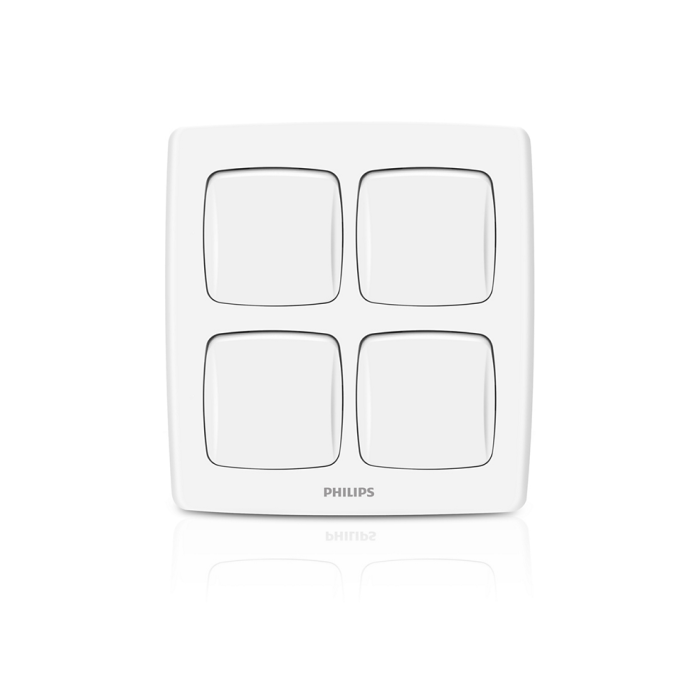 A white four-button wall switch plate with the PHILIPS logo printed at the bottom center, shown on a clean white background with a subtle reflection.Supplied by Chinoy Electric