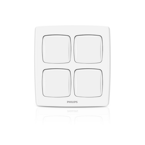 A white four-button wall switch plate with the PHILIPS logo printed at the bottom center, shown on a clean white background with a subtle reflection.Supplied by Chinoy Electric