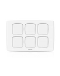 A white six-button wall switch plate with rounded square buttons, shown on a clean white background.Supplied by Chinoy Electric