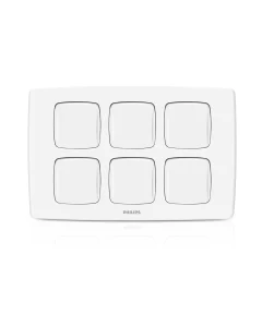 A white six-button wall switch plate with rounded square buttons, shown on a clean white background.Supplied by Chinoy Electric
