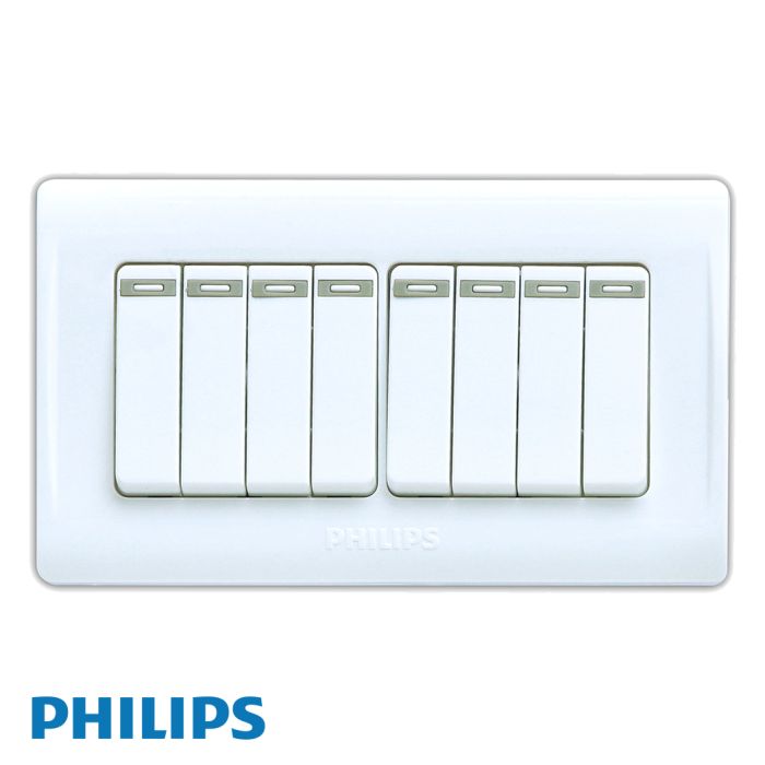 Philips white 16-way dual-toggle wall switch plate with a glossy finish and the Philips brand name embossed at the bottom center, shown on a white background with a blue brand logo overlay at the bottom left Supplied by chinoy Electric