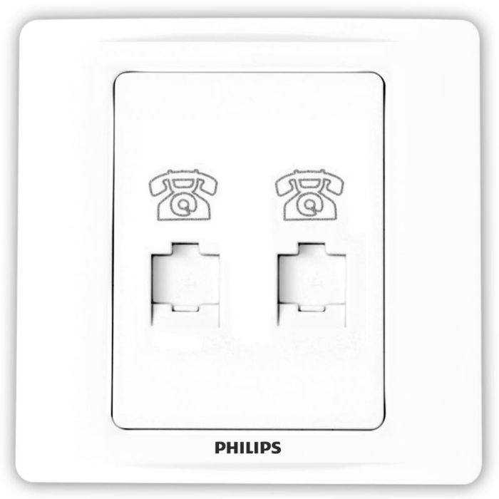 White Philips double RJ45 phone jack wall plate with two phone icon inserts and the PHILIPS brand name printed below.Supplied by chinoy Electric