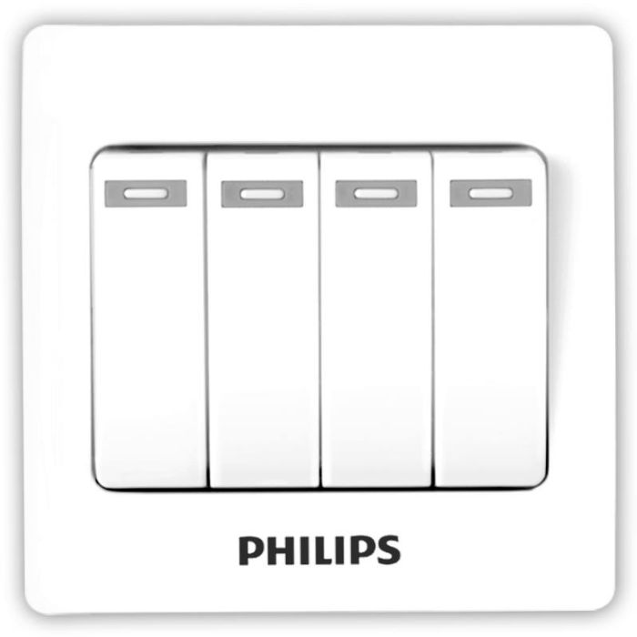 A white four-switch light switch plate with the PHILIPS brand name printed in black below the switches, set against a matching white background.