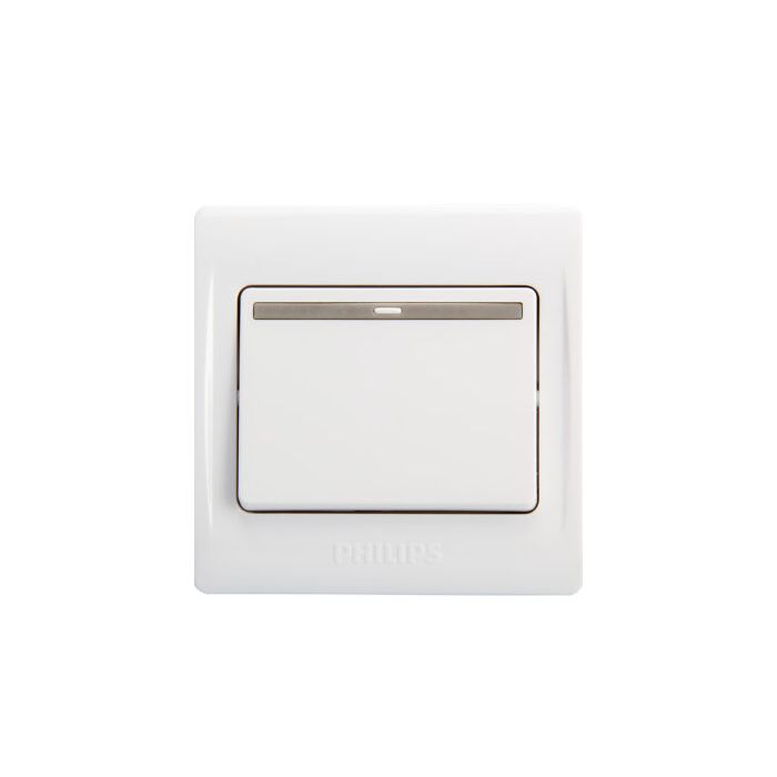 A white Philips light switch plate with a central metallic silver accent strip, shown against a plain white background.Supplied by Chinoy Electric