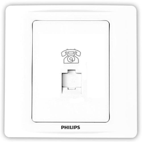 White Philips wall-mounted RJ45 phone jack cover plate with a telephone icon and the PHILIPS brand name printed below.Supplied by Chinoy Electric