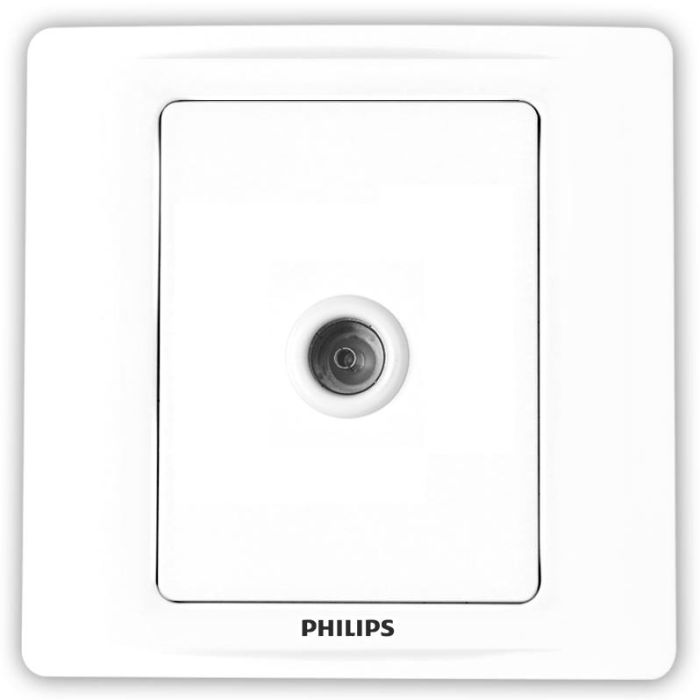 Philips white wall switch plate with a central button and the PHILIPS brand name printed below.Supplied by Chinoy Electric