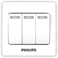 A white three-button wall switch plate with the PHILIPS brand name printed in black below the switches, shown on a clean white background Supplied by chinoy Electric