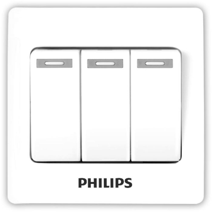 A white three-button wall switch plate with the PHILIPS brand name printed in black below the switches, shown on a clean white background Supplied by chinoy Electric