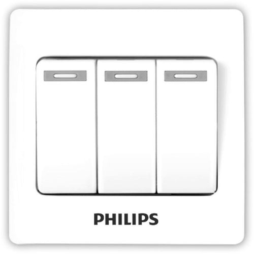 A white three-button wall switch plate with the PHILIPS brand name printed in black below the switches, shown on a clean white background Supplied by chinoy Electric