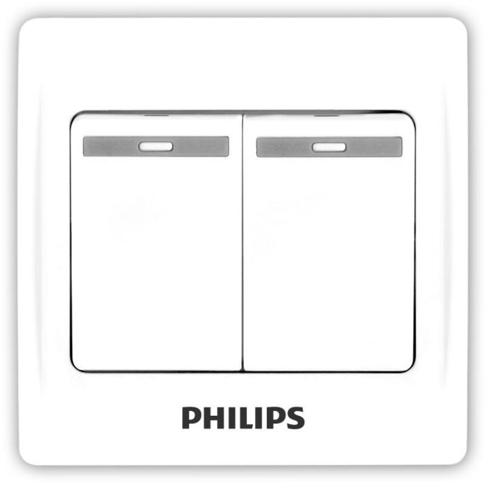A white double switch plate with two rectangular buttons and a black PHILIPS logo printed below, shown on a plain white background.Supplied by Chinoy Electric