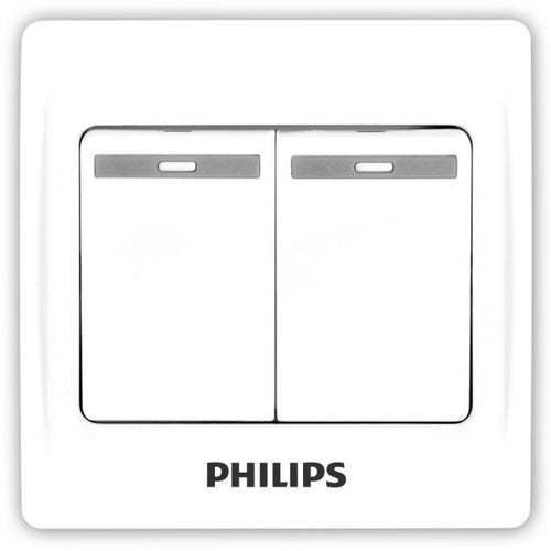 A white double switch plate with two rectangular buttons and a black PHILIPS logo printed below, shown on a plain white background.Supplied by Chinoy Electric