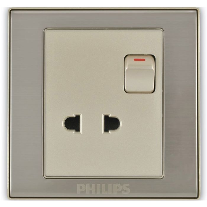 Philips two-pin wall switch outlet in a brushed silver metal finish with a beige central faceplate and a small red switch indicator.Supplied by Chinoy Electric